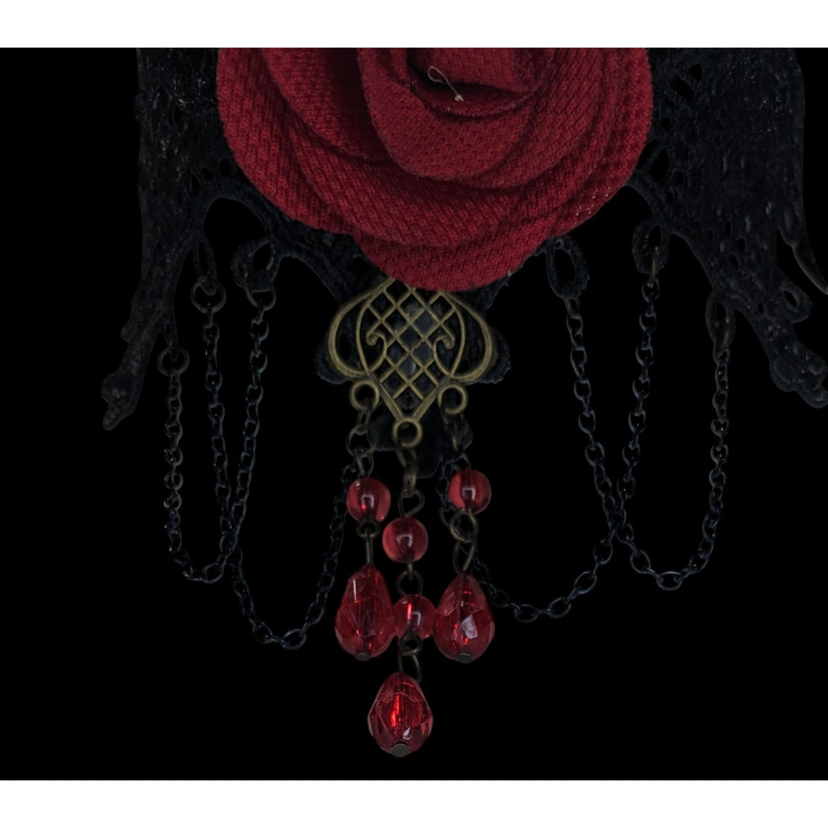 Gothic Vampire Lace Black Red Rose Choker Necklace 10 Inch Damaged