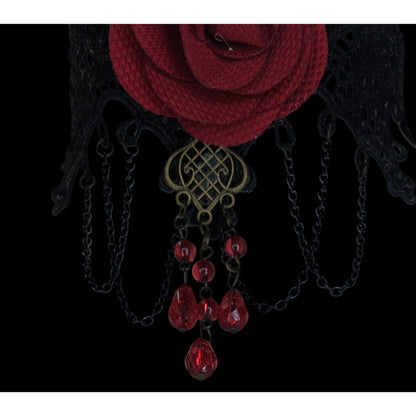 Gothic Vampire Lace Black Red Rose Choker Necklace 10 Inch Damaged
