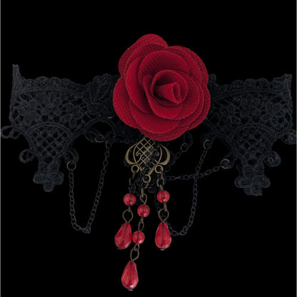 Gothic Vampire Lace Black Red Rose Choker Necklace 10 Inch Damaged