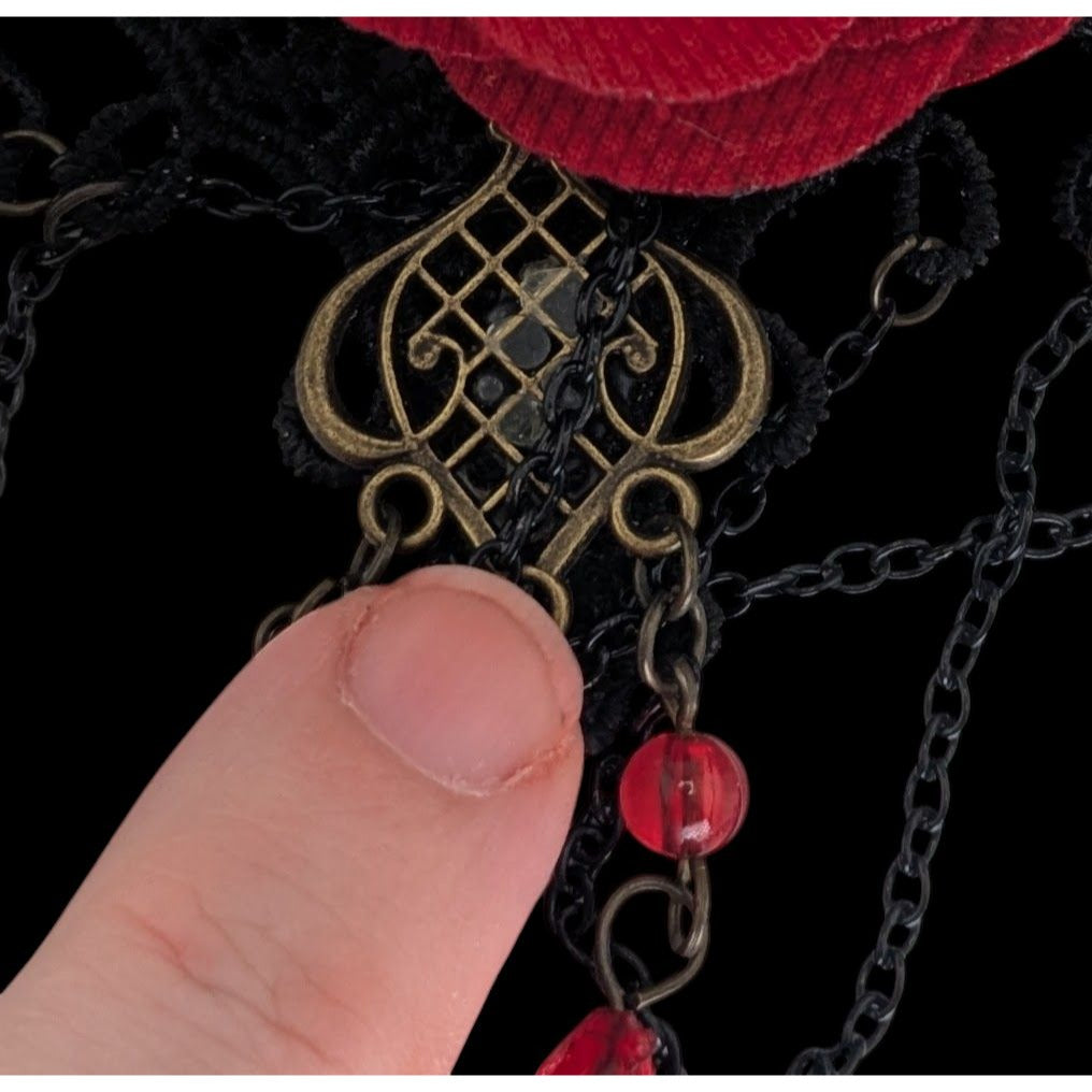 Gothic Vampire Lace Black Red Rose Choker Necklace 10 Inch Damaged