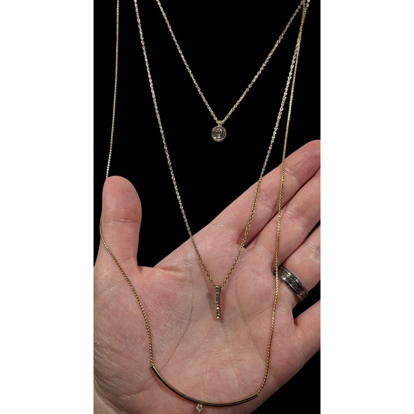 Elegant Glam Multilayer Triple Chain And Rhinestone Pendant Necklace
