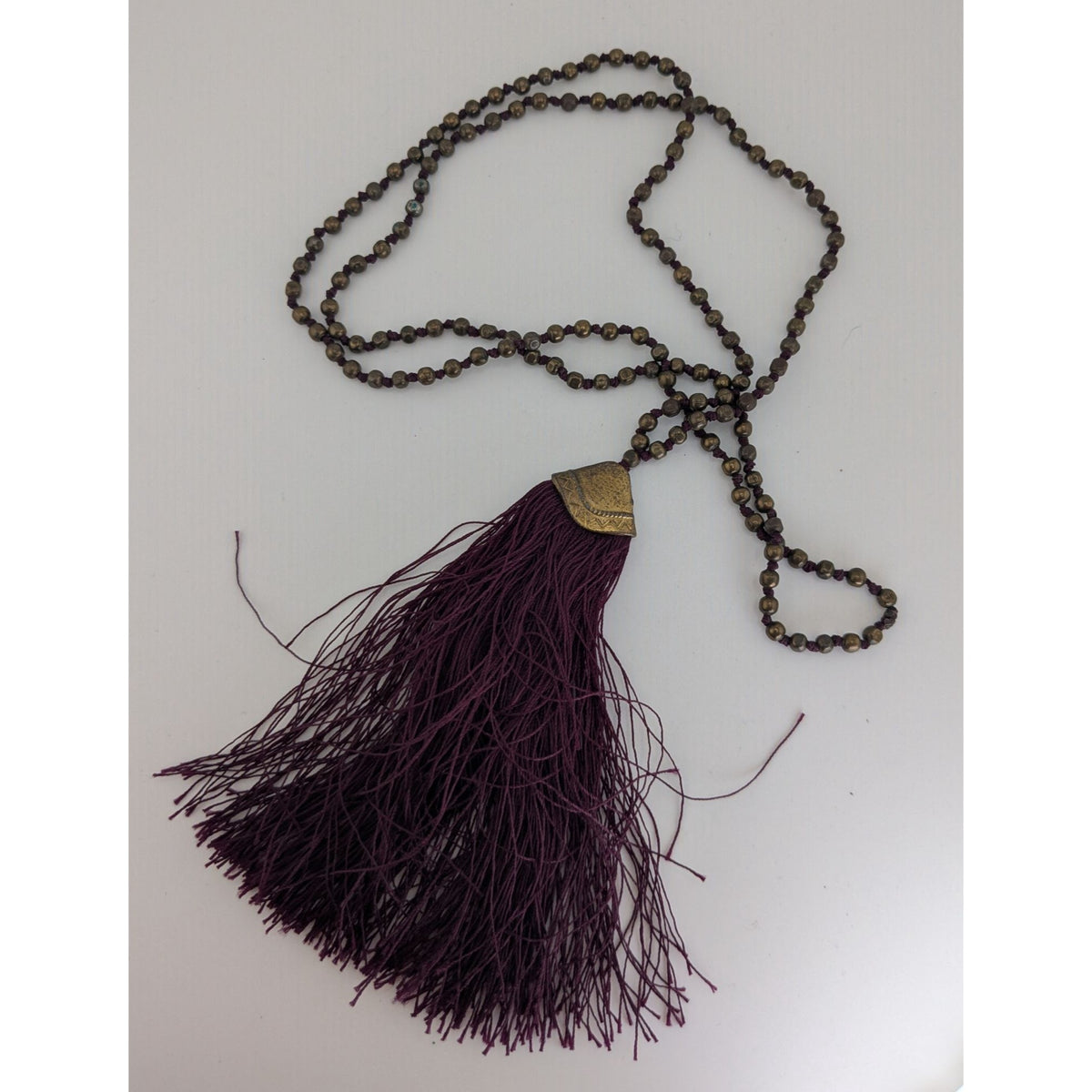 Boho Hippie Festival Vintage Brass Beaded Purple Tassel Long Necklace