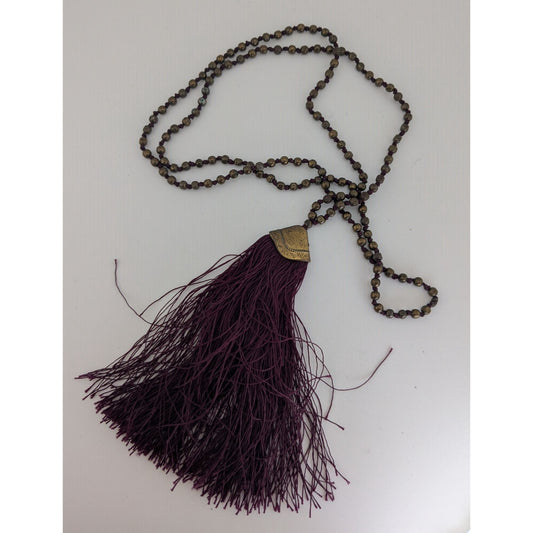 Boho Hippie Festival Vintage Brass Beaded Purple Tassel Long Necklace