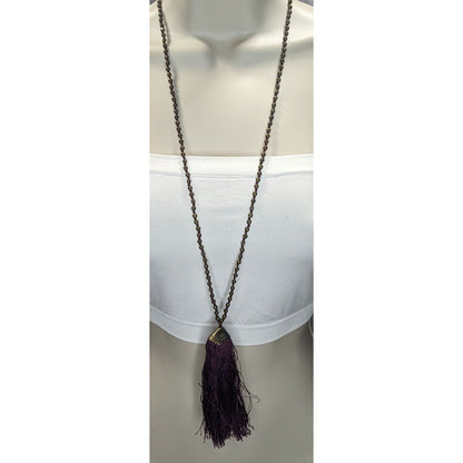 Boho Hippie Festival Vintage Brass Beaded Purple Tassel Long Necklace