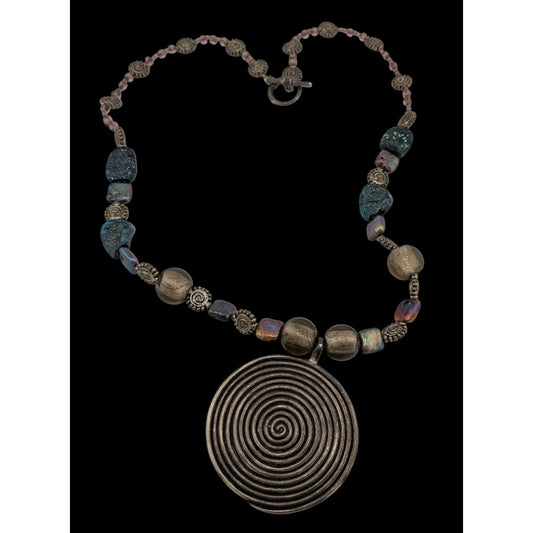 Vintage Brutalist Pendant Necklace With Metal Glass And Pearl Beads