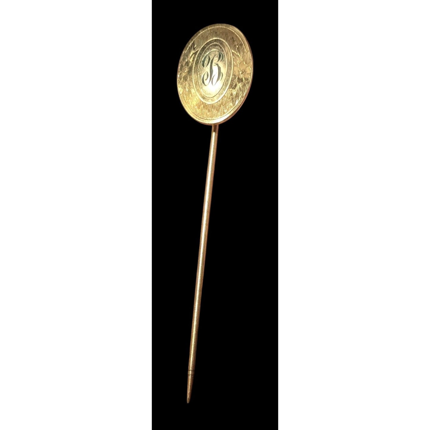 Vintage Cursive B And Floral Engraved Gold Tone Stick Pin