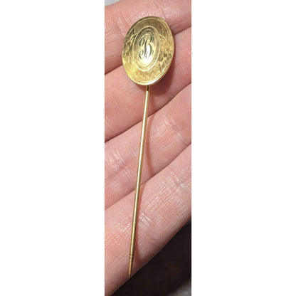 Vintage Cursive B And Floral Engraved Gold Tone Stick Pin