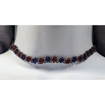 Handmade Floral Red And Blue Glass Beaded Choker