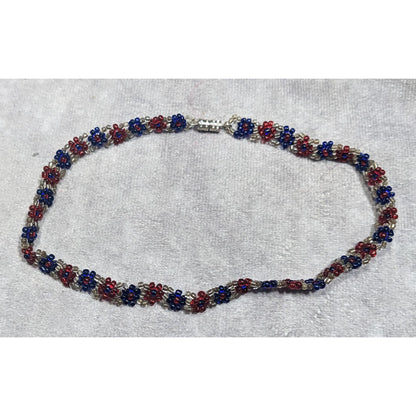 Handmade Floral Red And Blue Glass Beaded Choker