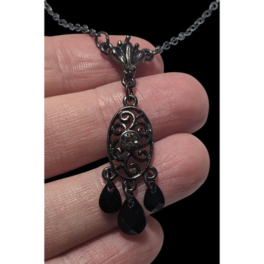 1928 Gothic Black And Silver Gemmed Pendant Necklace