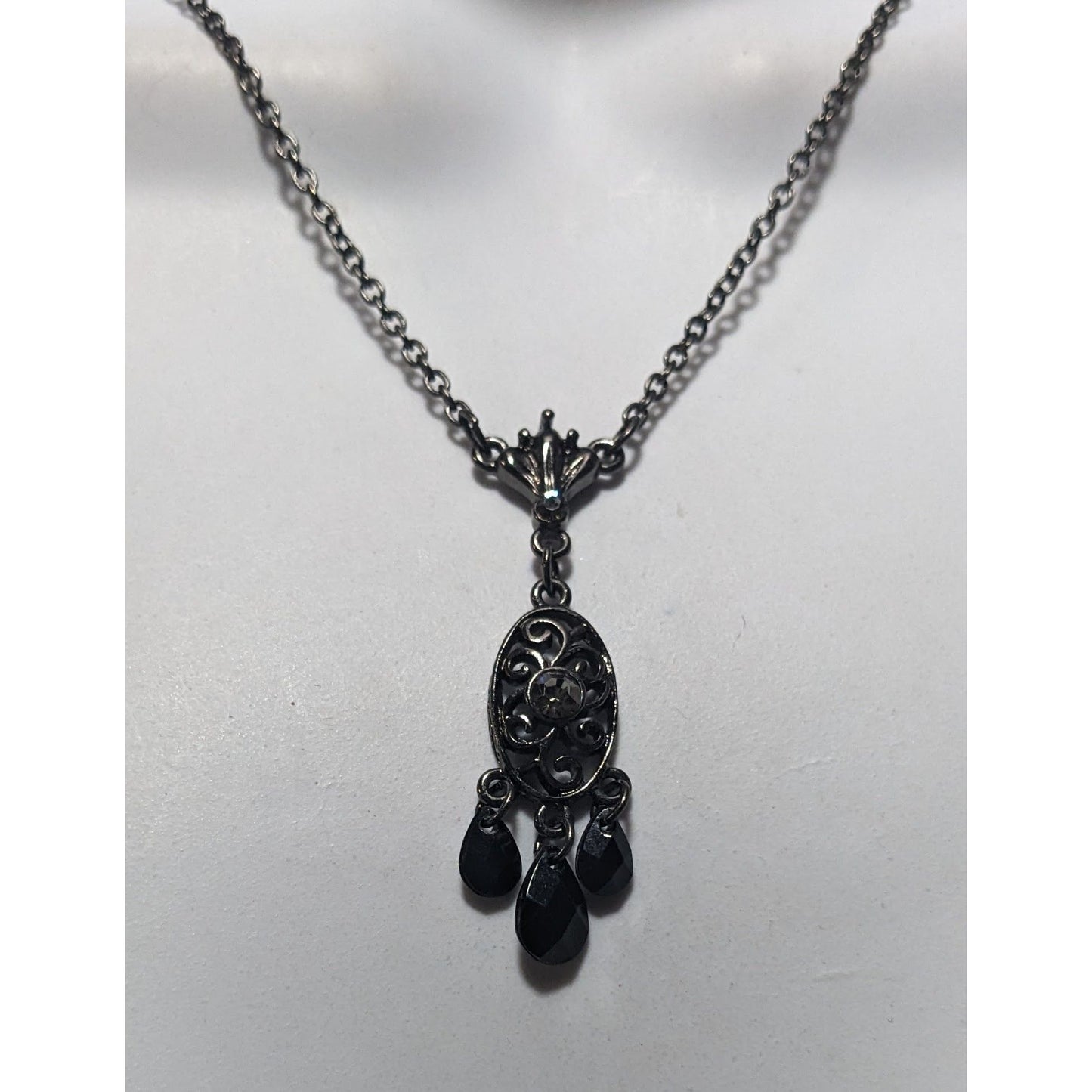 1928 Gothic Black And Silver Gemmed Pendant Necklace