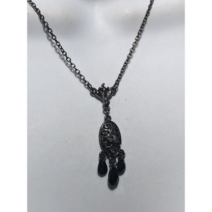 1928 Gothic Black And Silver Gemmed Pendant Necklace