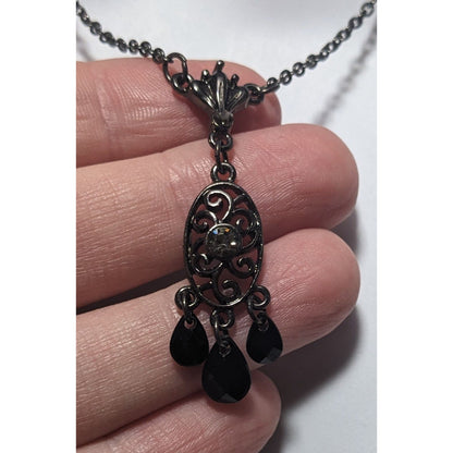 1928 Gothic Black And Silver Gemmed Pendant Necklace