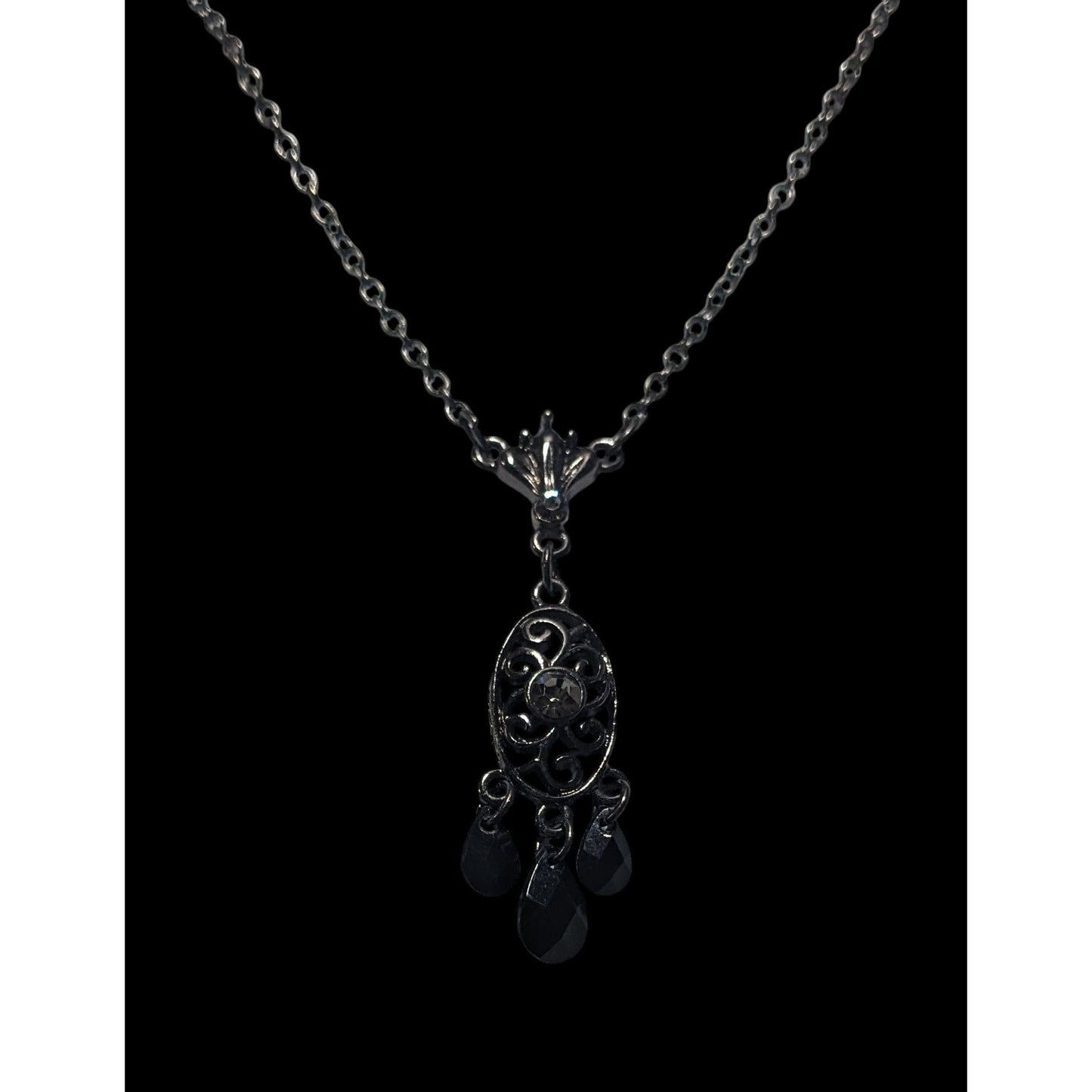 1928 Gothic Black And Silver Gemmed Pendant Necklace