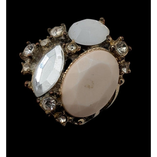 Vintage Glam Statement Ring With Rhinestones & Faceted Cream Center Stone Size 7
