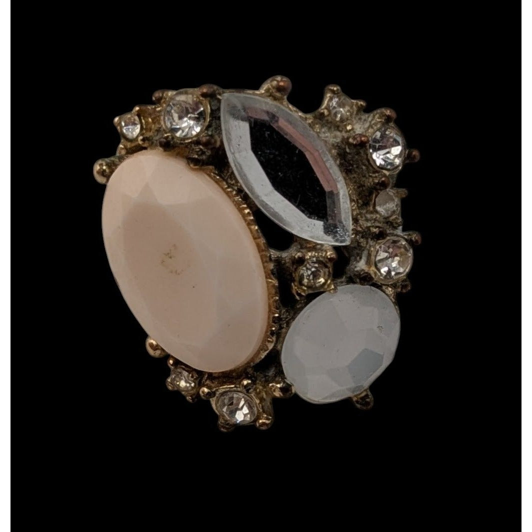 Vintage Glam Statement Ring With Rhinestones & Faceted Cream Center Stone Size 7