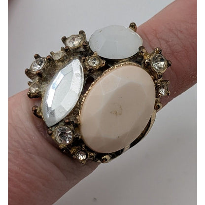 Vintage Glam Statement Ring With Rhinestones & Faceted Cream Center Stone Size 7