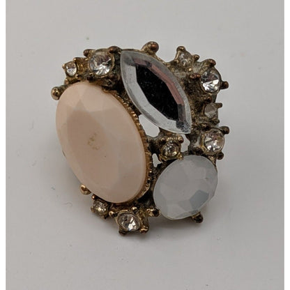 Vintage Glam Statement Ring With Rhinestones & Faceted Cream Center Stone Size 7