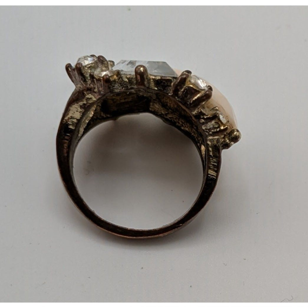 Vintage Glam Statement Ring With Rhinestones & Faceted Cream Center Stone Size 7