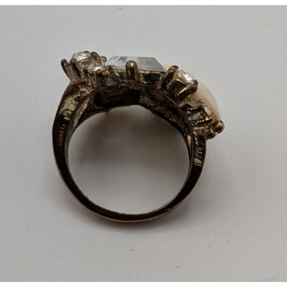 Vintage Glam Statement Ring With Rhinestones & Faceted Cream Center Stone Size 7