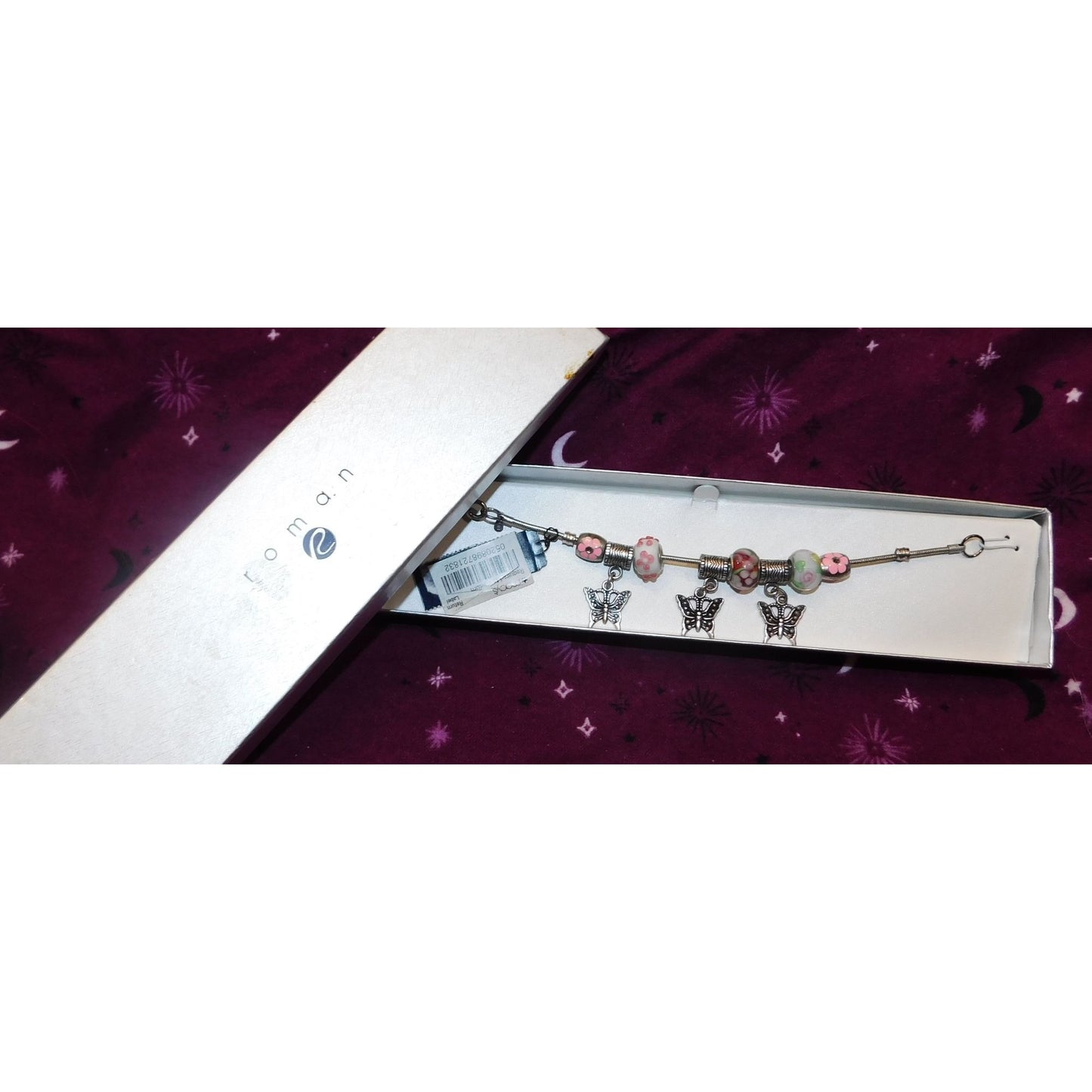 Roman Glass Butterfly Foral Charm Bracelet