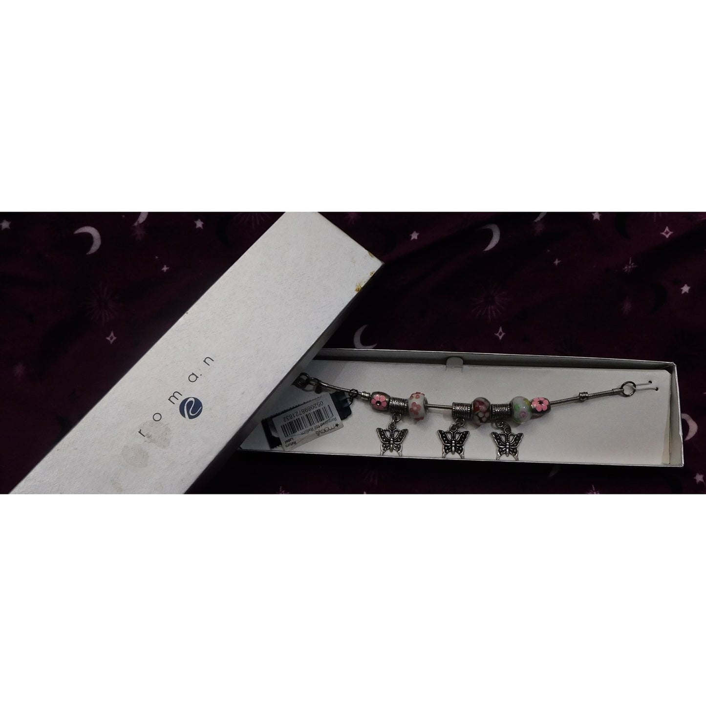 Roman Glass Butterfly Foral Charm Bracelet