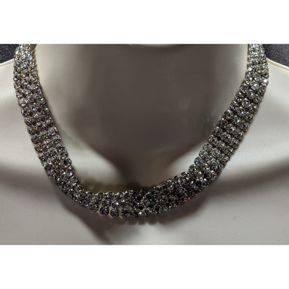 Vintage Glam Triple Rhinestone Triple Row Silver Tone Necklace