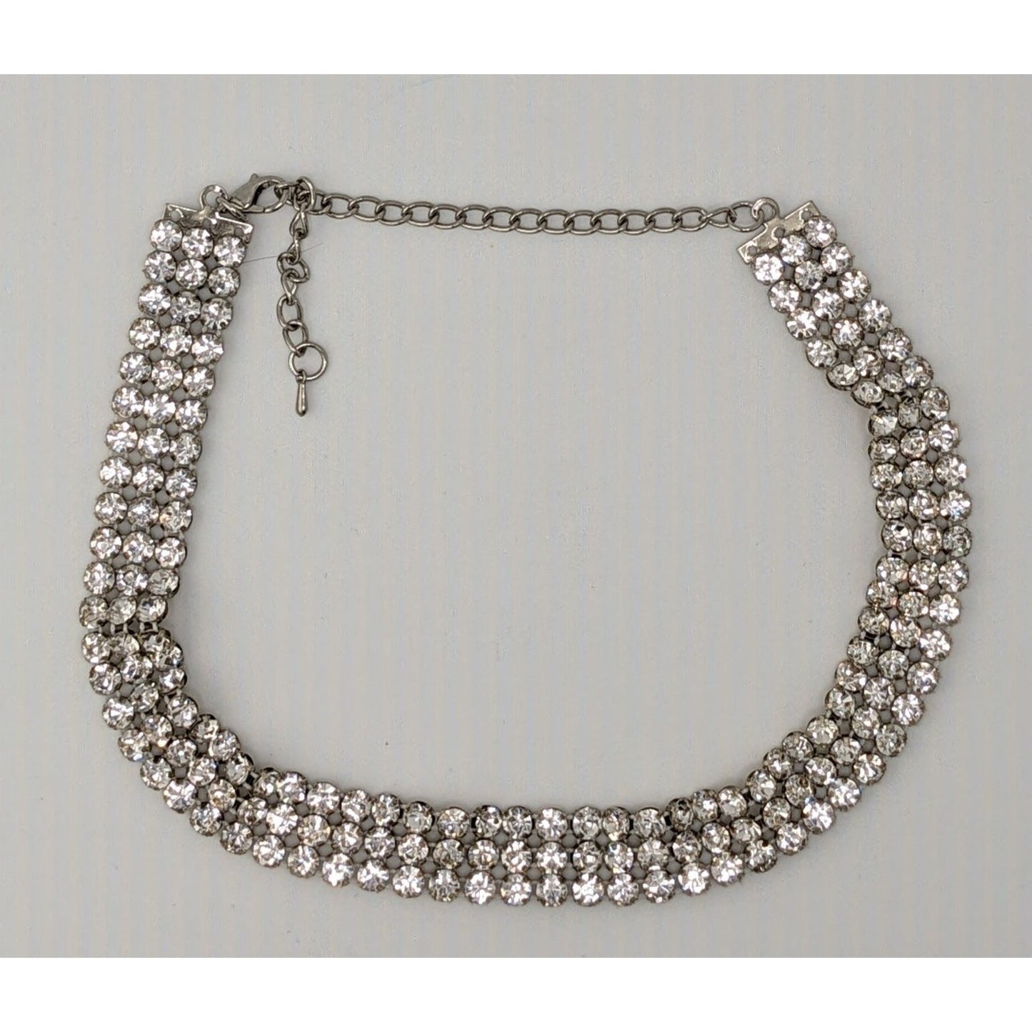 Vintage Glam Triple Rhinestone Triple Row Silver Tone Necklace