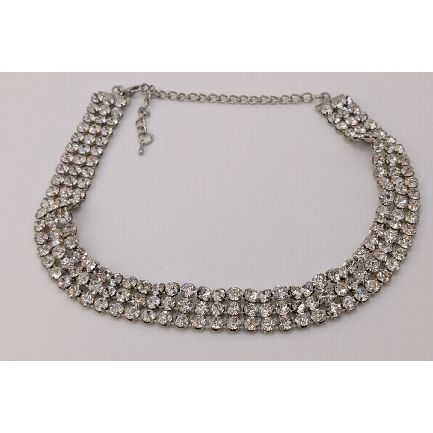 Vintage Glam Triple Rhinestone Triple Row Silver Tone Necklace