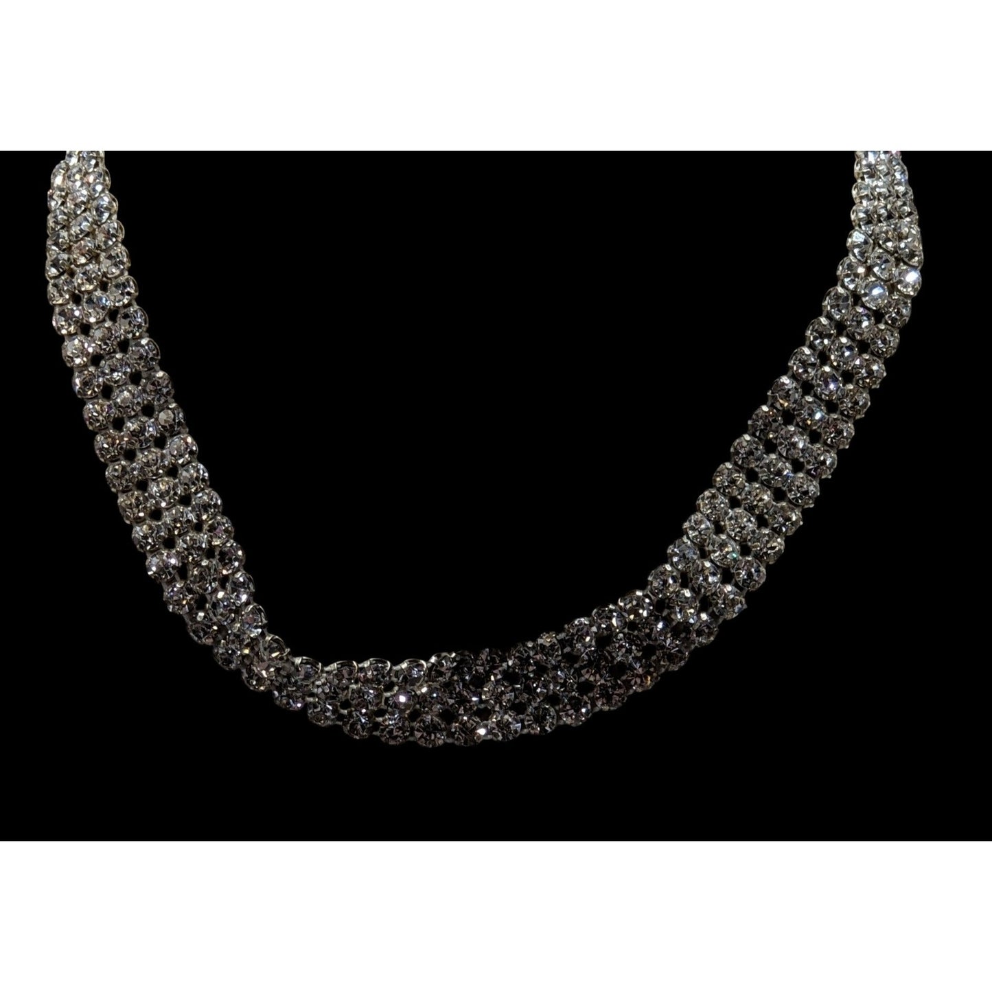 Vintage Glam Triple Rhinestone Triple Row Silver Tone Necklace