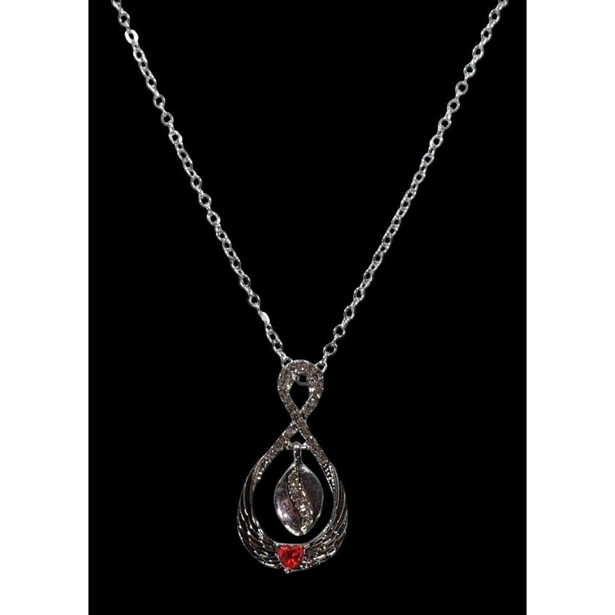 Heart And Wing Silver Tone Pendant Necklace With Clear And Red Gems