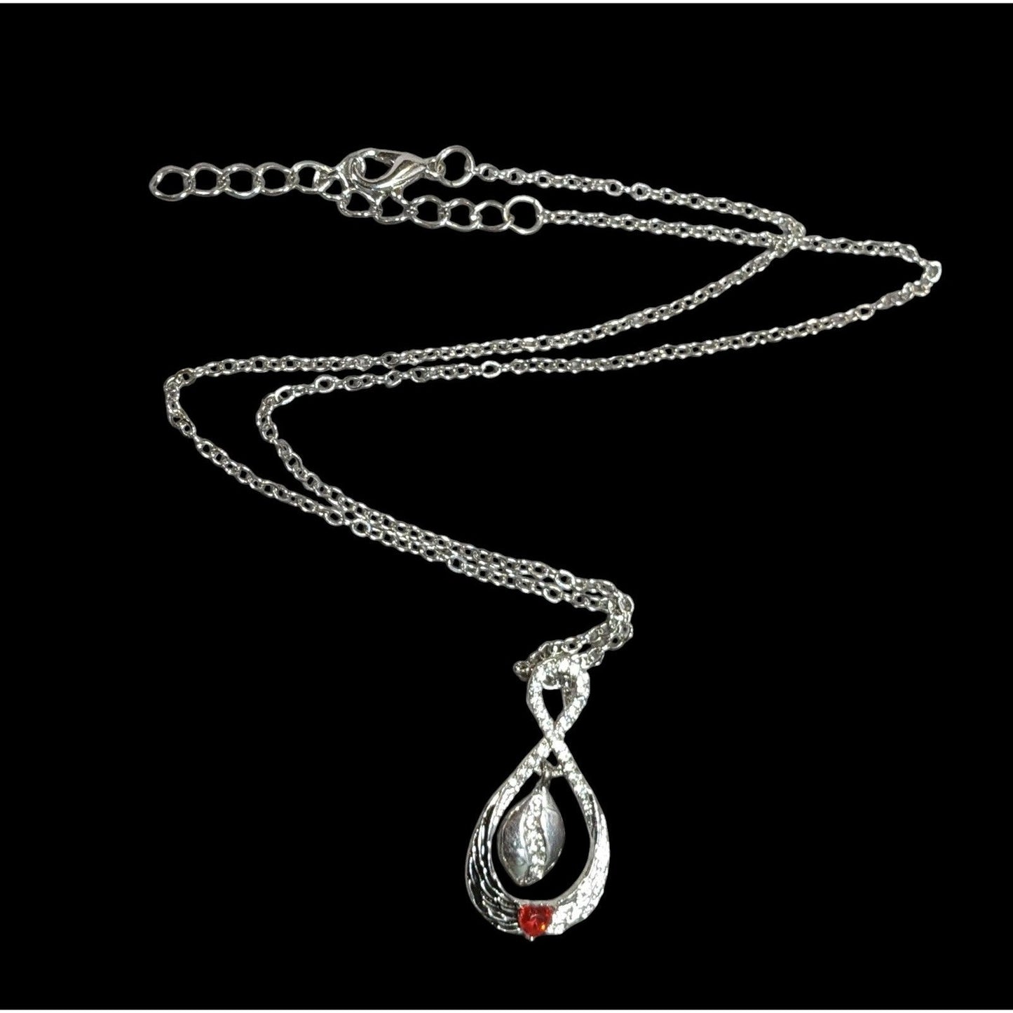 Heart And Wing Silver Tone Pendant Necklace With Clear And Red Gems