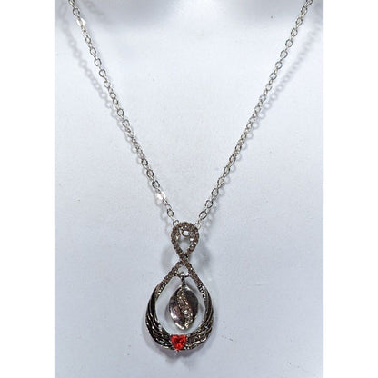Heart And Wing Silver Tone Pendant Necklace With Clear And Red Gems