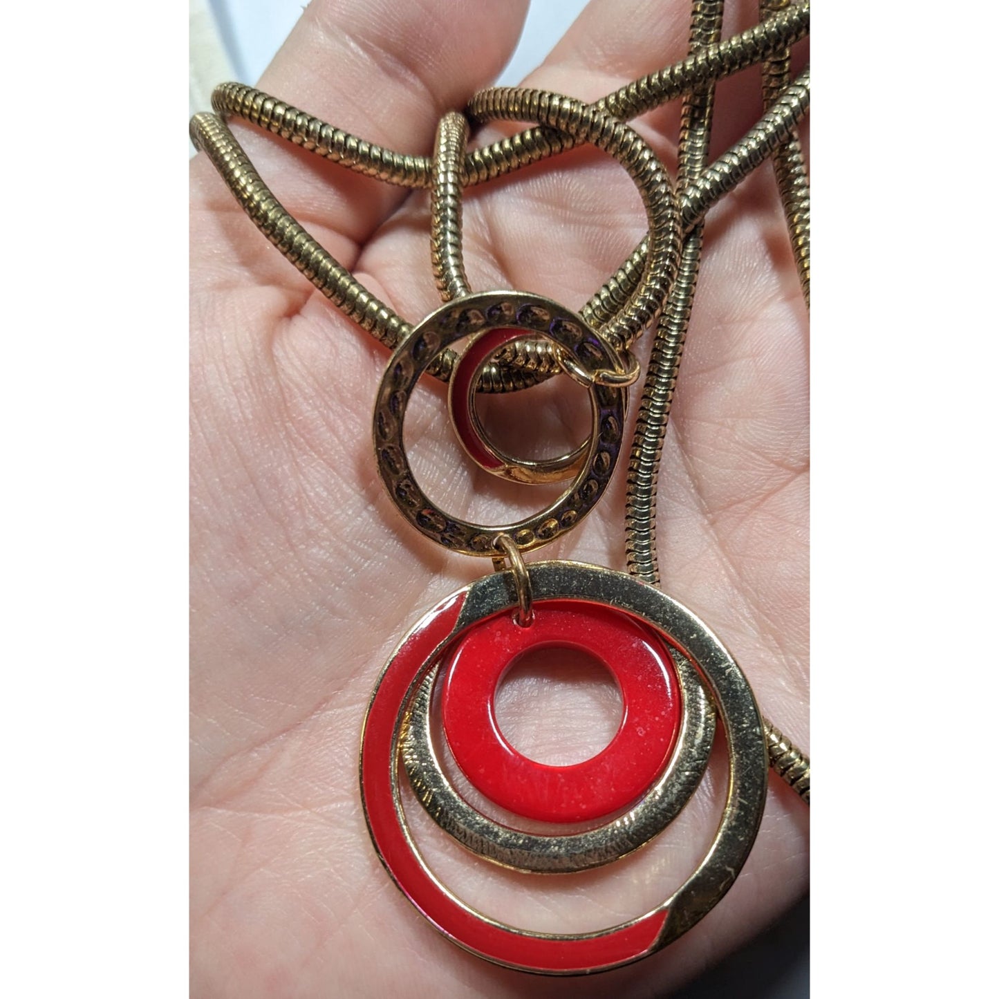 Charming Charlie Retro Geometric Red And Gold Tone Pendant Necklace