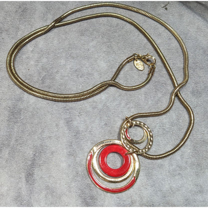 Charming Charlie Retro Geometric Red And Gold Tone Pendant Necklace