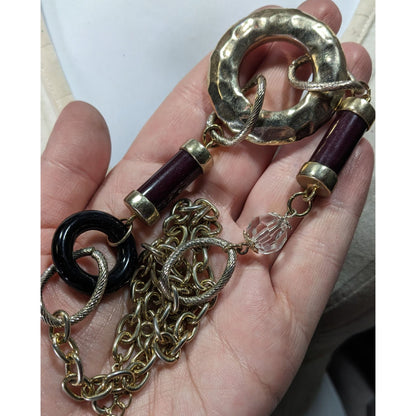 Abstract Chunky Brutalist Necklace With Hammered Circle Pendant & Burgundy Accents