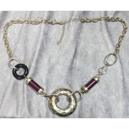 Abstract Chunky Brutalist Necklace With Hammered Circle Pendant & Burgundy Accents