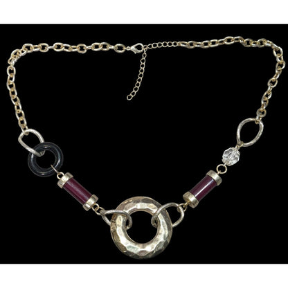 Abstract Chunky Brutalist Necklace With Hammered Circle Pendant & Burgundy Accents
