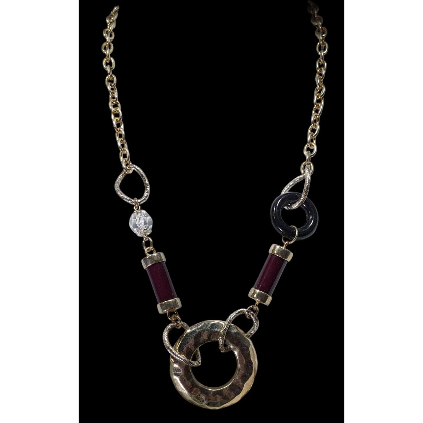 Abstract Chunky Brutalist Necklace With Hammered Circle Pendant & Burgundy Accents