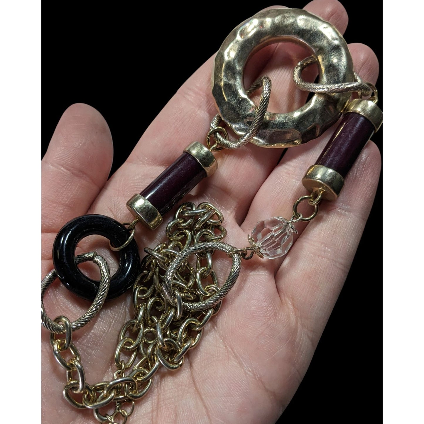 Abstract Chunky Brutalist Necklace With Hammered Circle Pendant & Burgundy Accents