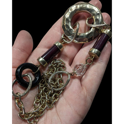 Abstract Chunky Brutalist Necklace With Hammered Circle Pendant & Burgundy Accents