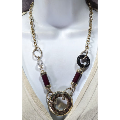 Abstract Chunky Brutalist Necklace With Hammered Circle Pendant & Burgundy Accents