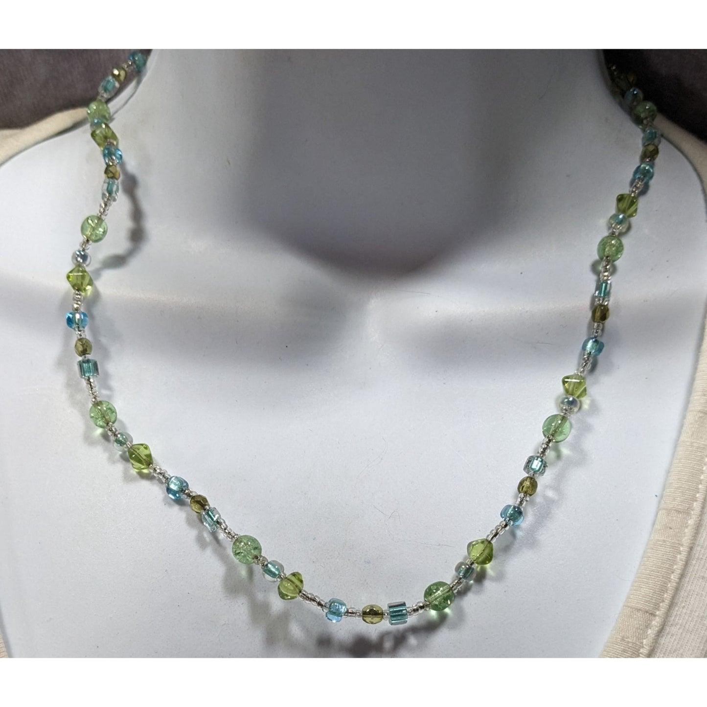 Handcrafted Artisan Pastel Green Blue Glass Beaded Necklace