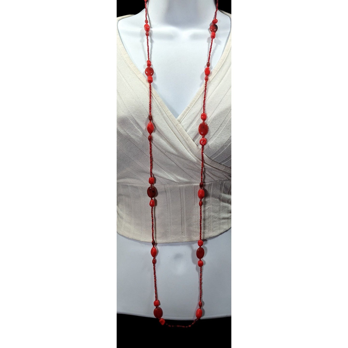Bold Red Glass And Acrylic Beaded Opera Necklace