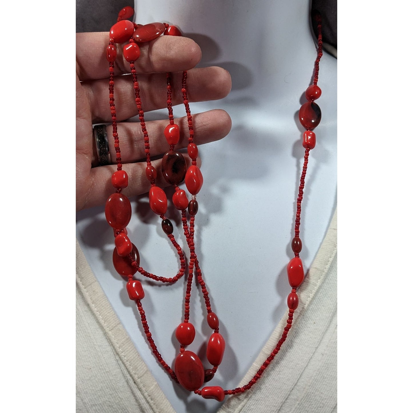 Bold Red Glass And Acrylic Beaded Opera Necklace