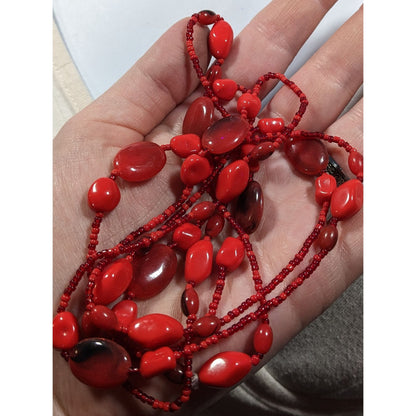 Bold Red Glass And Acrylic Beaded Opera Necklace