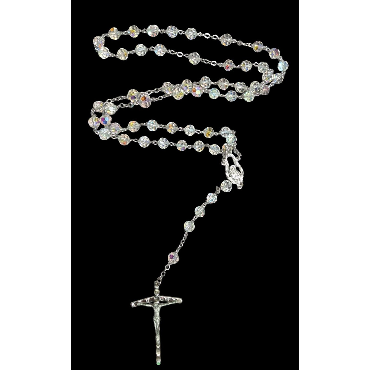 Vintage Crystal Catholic Rosary Beads With Silver Tone Crucifix & Aurora Borealis Crystal Beads