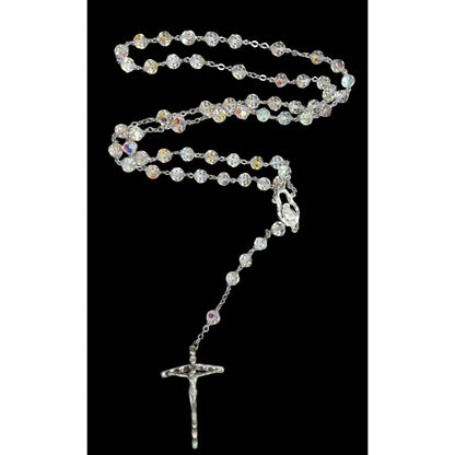 Vintage Crystal Catholic Rosary Beads With Silver Tone Crucifix & Aurora Borealis Crystal Beads
