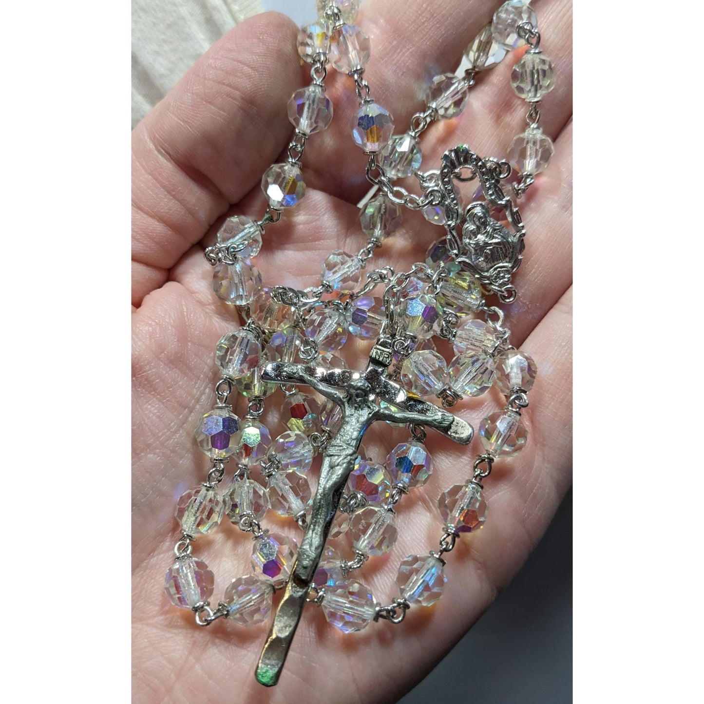 Vintage Crystal Catholic Rosary Beads With Silver Tone Crucifix & Aurora Borealis Crystal Beads