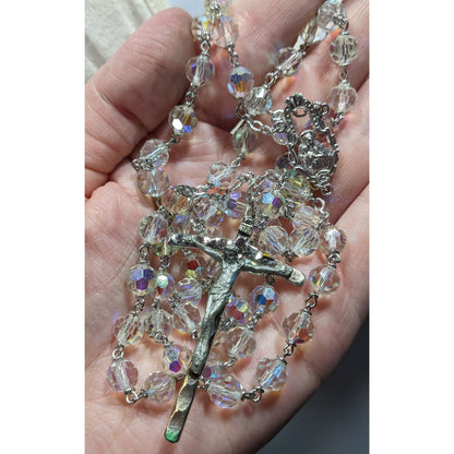 Vintage Crystal Catholic Rosary Beads With Silver Tone Crucifix & Aurora Borealis Crystal Beads